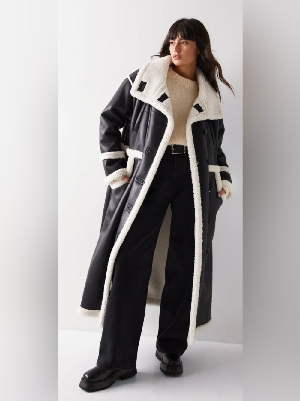 Nasty Gal Longline Black Faux Leather Bonded Aviator Cream Shearling Coat Size 6
